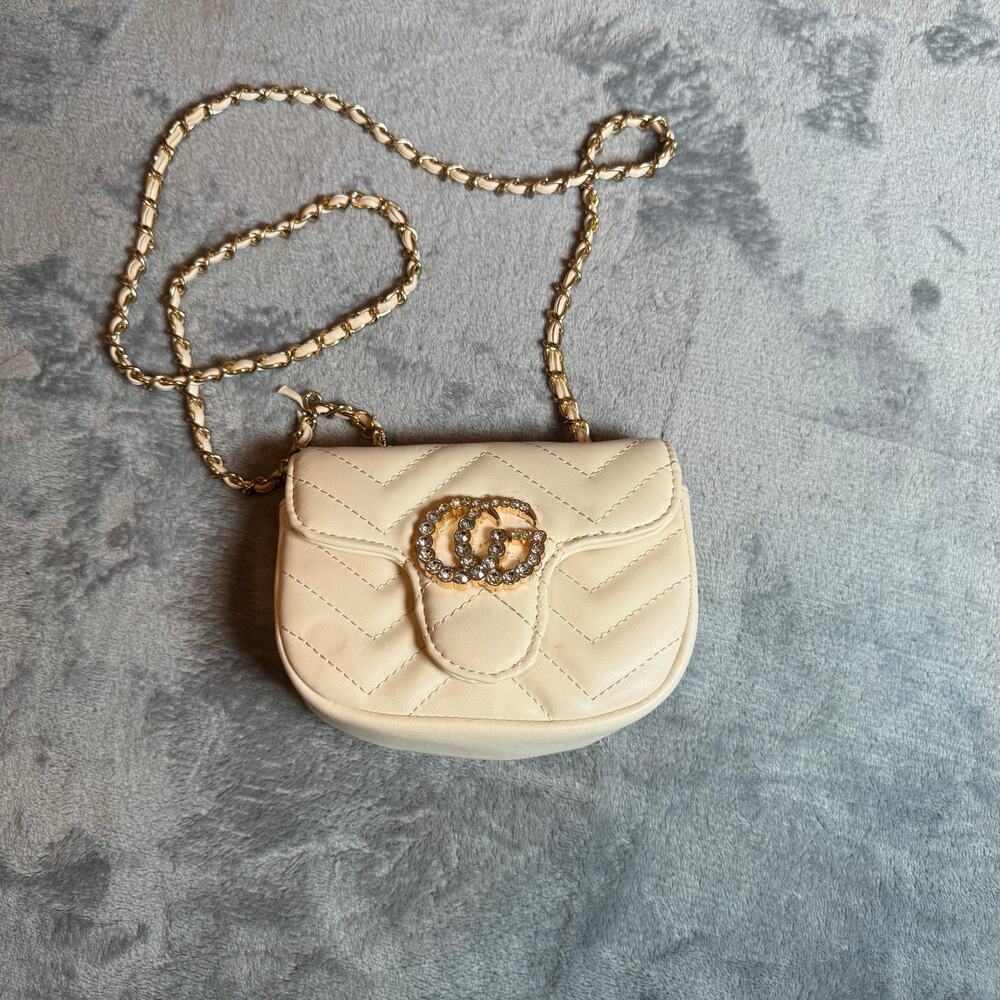 Mini Quilted Crossbody Bag Ivory Chevron Chain Strap Rhinestone Clasp Purse